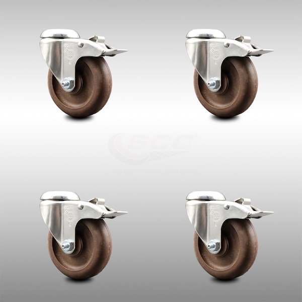 4 Inch 316SS High Temp Glass Filled Nylon Bolt Hole Caster Set with Lock Brake